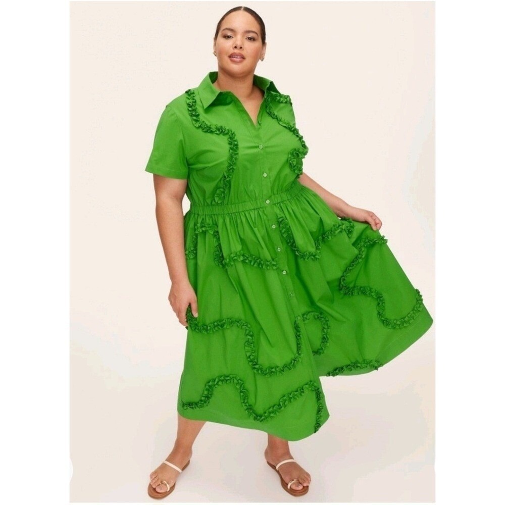Kate Spade xTarget Green Ruffle Dress Midi Button Front Short Sleeve Sz M - Picture 3 of 4